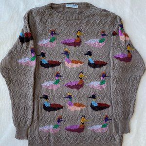 Susan Duckworth Vintage Fisherman's Sweater Tan with Multi-Color Ducks Size M